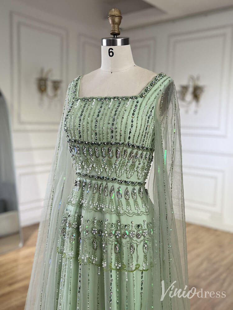 Prom Dress 2025 Beaded Lace Square Neck Prom Dresses Extra Long Sleeve Pageant Dress 20235-unique prom dresses-Green-US 2-Viniodress