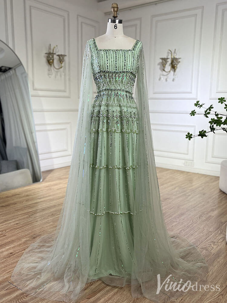 Prom Dress 2025 Beaded Lace Square Neck Prom Dresses Extra Long Sleeve Pageant Dress 20235-unique prom dresses-Green-US 2-Viniodress