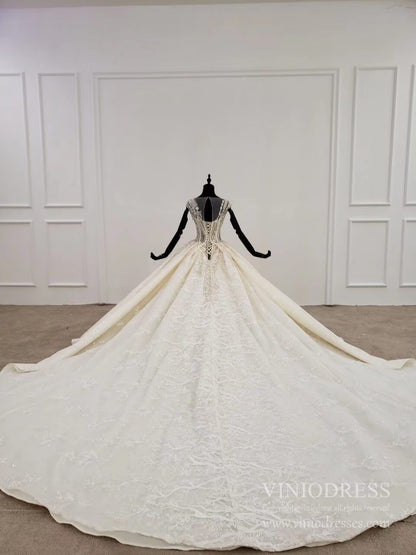 Beaded Lace Wedding Dresses Cap Sleeve Haute Couture Champagne Bridal Dress VW1589-wedding dresses 2025 -Viniodress-Champagne-Custom Size-