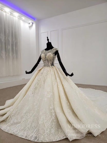 Beaded Lace Wedding Dresses Cap Sleeve Haute Couture Champagne Bridal Dress VW1589-wedding dresses 2025 -Viniodress-Champagne-Custom Size-