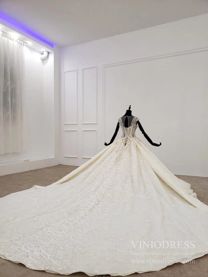 Beaded Lace Wedding Dresses Cap Sleeve Haute Couture Champagne Bridal Dress VW1589-wedding dresses 2025 -Viniodress-Champagne-Custom Size-