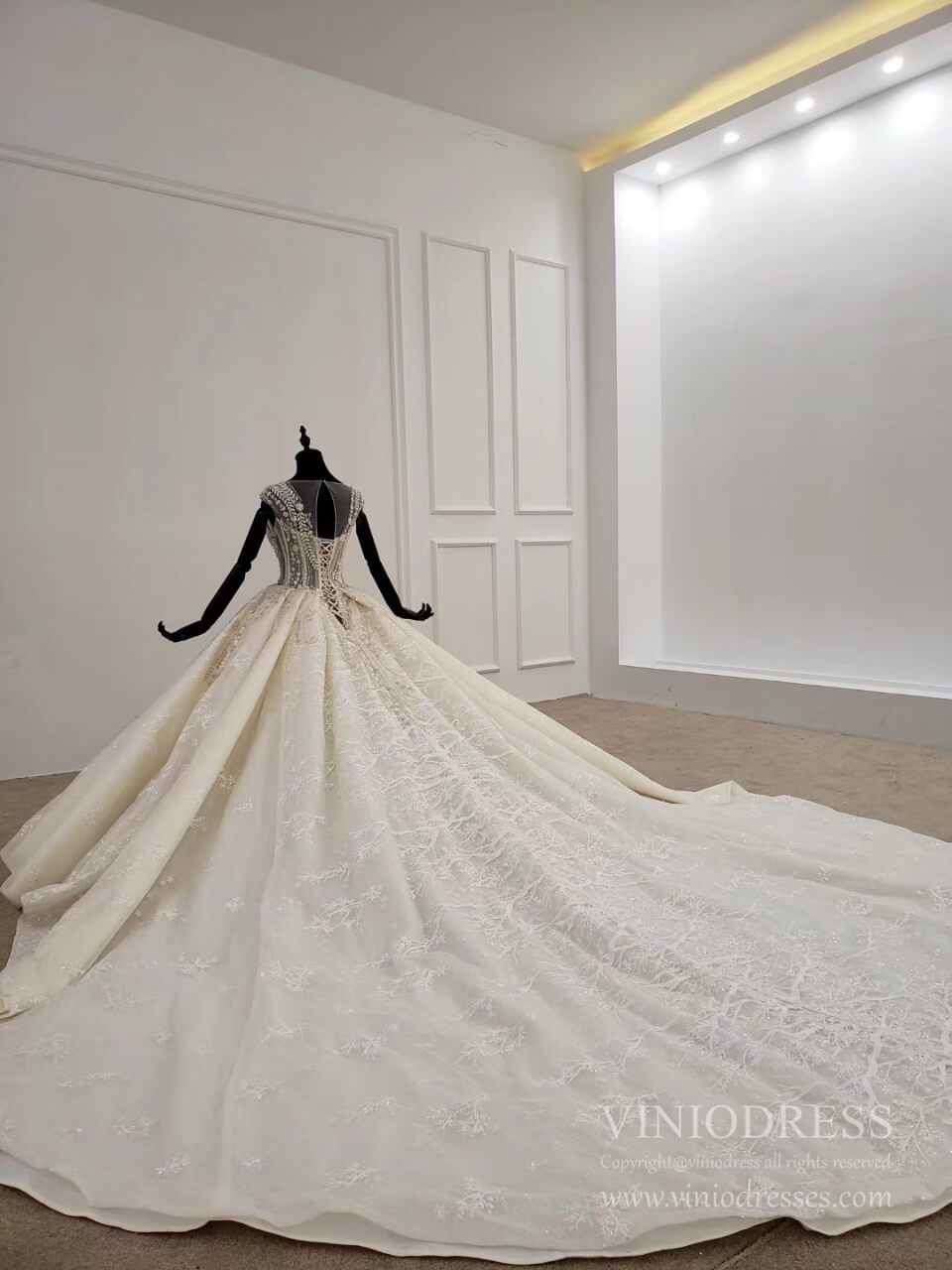 Beaded Lace Wedding Dresses Cap Sleeve Haute Couture Champagne Bridal Dress VW1589-wedding dresses 2025 -Viniodress-Champagne-Custom Size-