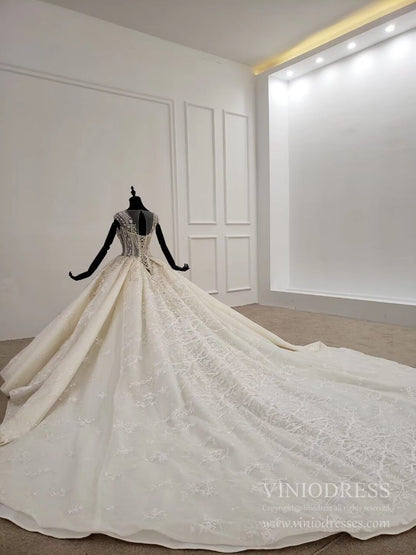 Beaded Lace Wedding Dresses Cap Sleeve Haute Couture Champagne Bridal Dress VW1589-wedding dresses 2025 -Viniodress-Champagne-Custom Size-