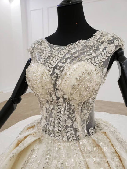 Beaded Lace Wedding Dresses Cap Sleeve Haute Couture Champagne Bridal Dress VW1589-wedding dresses 2025 -Viniodress-Champagne-Custom Size-