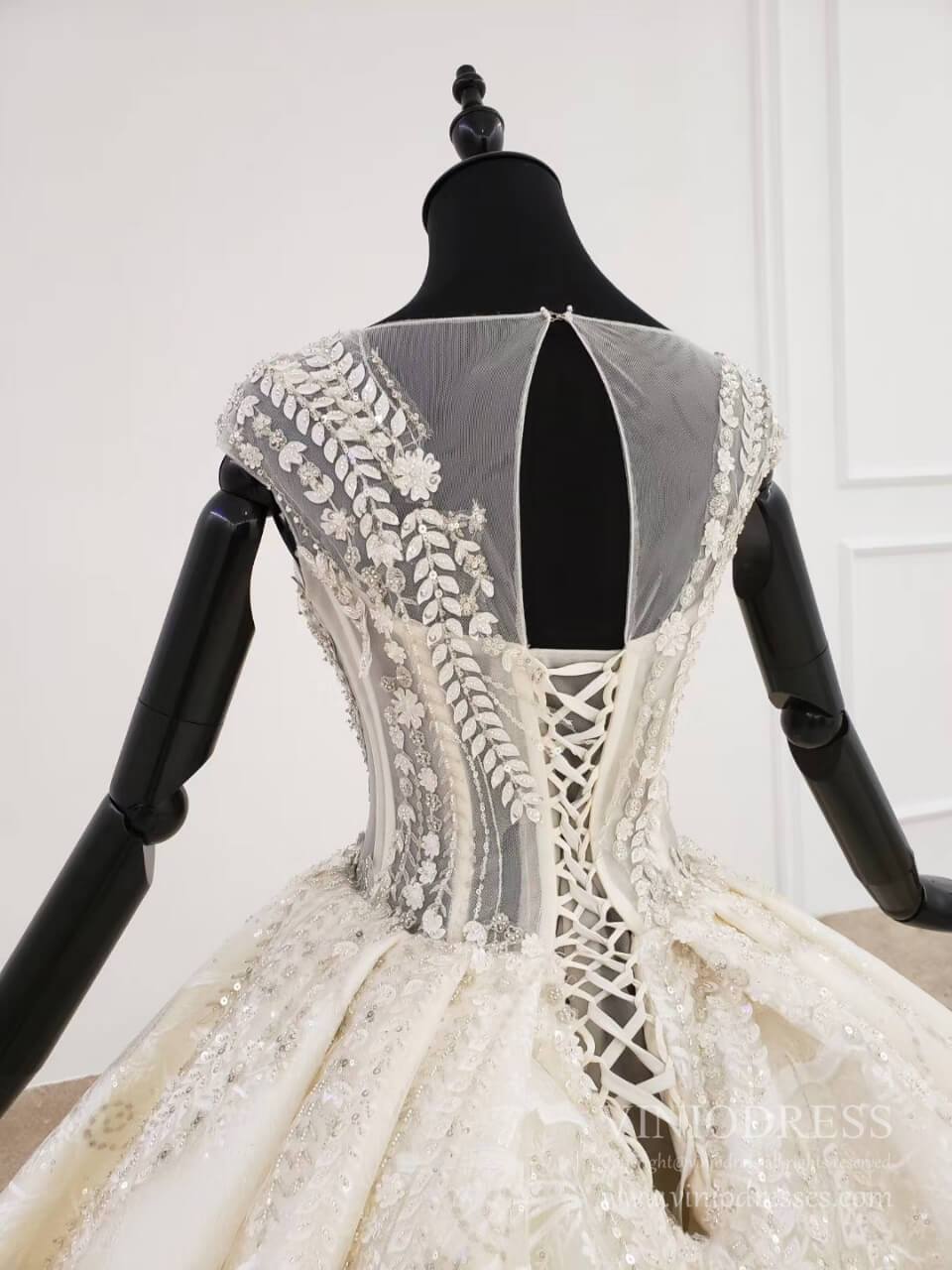 Beaded Lace Wedding Dresses Cap Sleeve Haute Couture Champagne Bridal Dress VW1589-wedding dresses 2025 -Viniodress-Champagne-Custom Size-