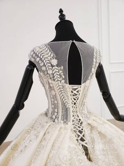 Beaded Lace Wedding Dresses Cap Sleeve Haute Couture Champagne Bridal Dress VW1589-wedding dresses 2025 -Viniodress-Champagne-Custom Size-