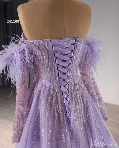 Beaded Lavender Prom Dresses Overskirt Wedding Dress with Slit,Removable Long Sleeves 241100-Evening Dresses 2025 -Viniodress-Lavender-Custom Size-