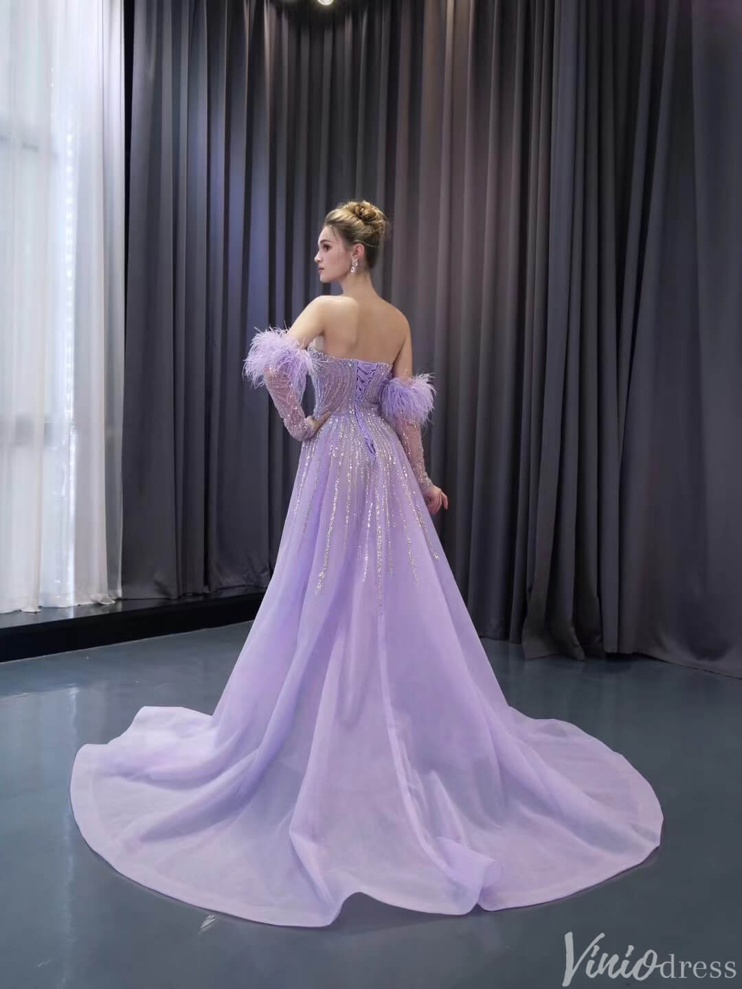 Beaded Lavender Prom Dresses Overskirt Wedding Dress with Slit,Removable Long Sleeves 241100-Evening Dresses 2025 -Viniodress-Lavender-Custom Size-