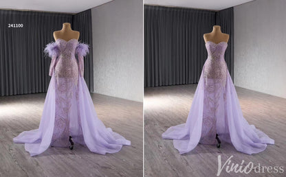 Beaded Lavender Prom Dresses Overskirt Wedding Dress with Slit,Removable Long Sleeves 241100-Evening Dresses 2025 -Viniodress-Lavender-Custom Size-