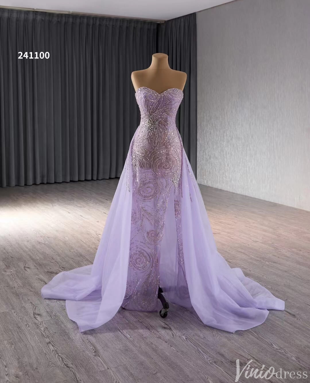 Beaded Lavender Prom Dresses Overskirt Wedding Dress with Slit,Removable Long Sleeves 241100-Evening Dresses 2025 -Viniodress-Lavender-Custom Size-