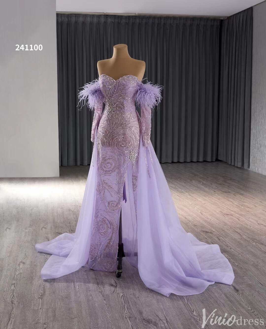 Beaded Lavender Prom Dresses Overskirt Wedding Dress with Slit,Removable Long Sleeves 241100-Evening Dresses 2025 -Viniodress-Lavender-Custom Size-
