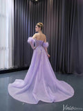 Beaded Lavender Prom Dresses Overskirt Wedding Dress with Slit,Removable Long Sleeves 241100-Prom Dresses-Viniodress-Viniodress