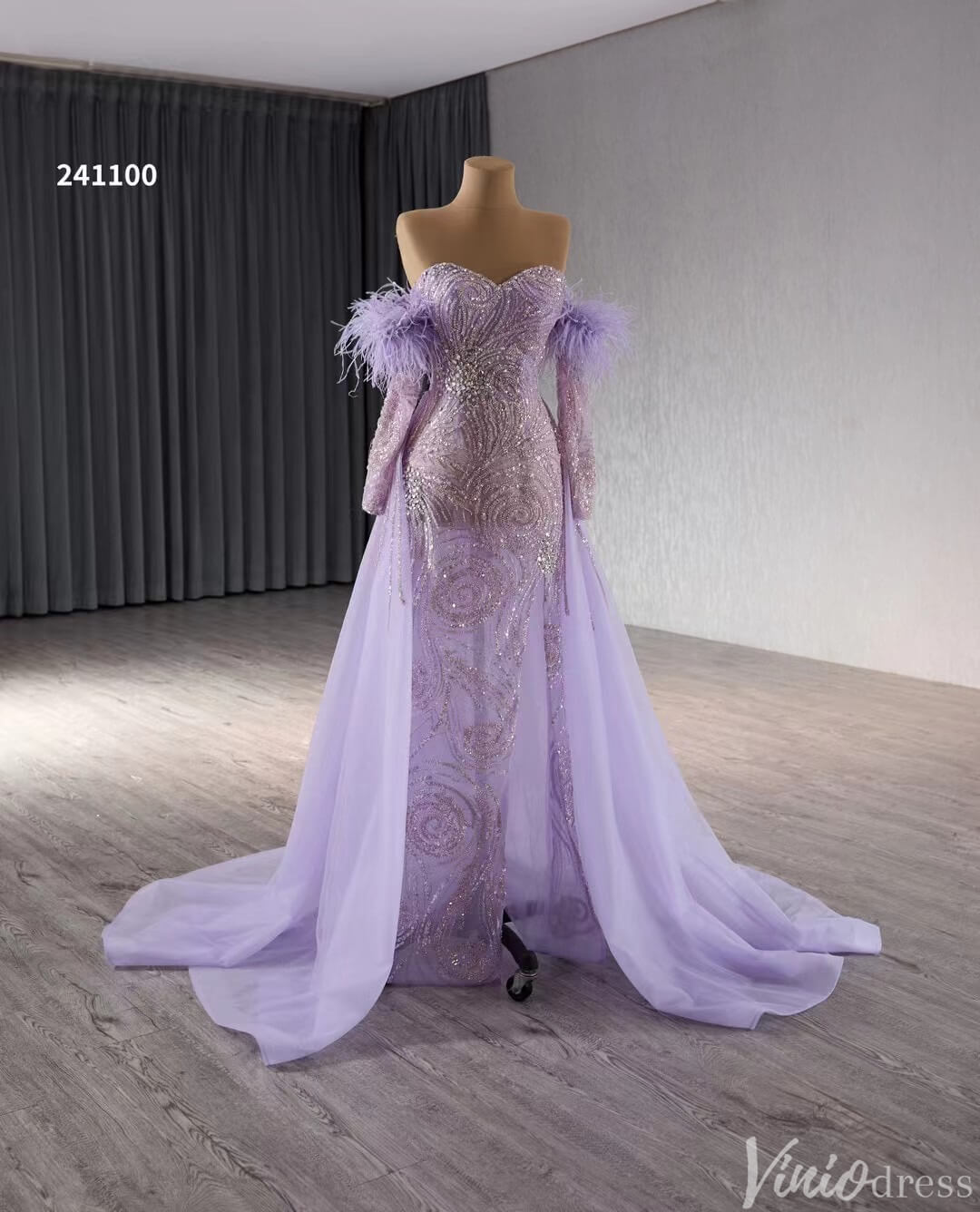 Beaded Lavender Prom Dresses Overskirt Wedding Dress with Slit,Removable Long Sleeves 241100-Prom Dresses-Viniodress-Viniodress