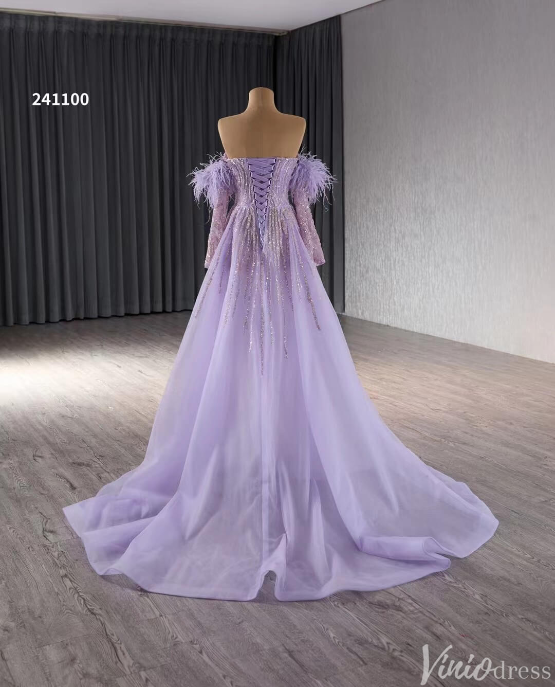 Beaded Lavender Prom Dresses Overskirt Wedding Dress with Slit,Removable Long Sleeves 241100-Prom Dresses-Viniodress-Viniodress