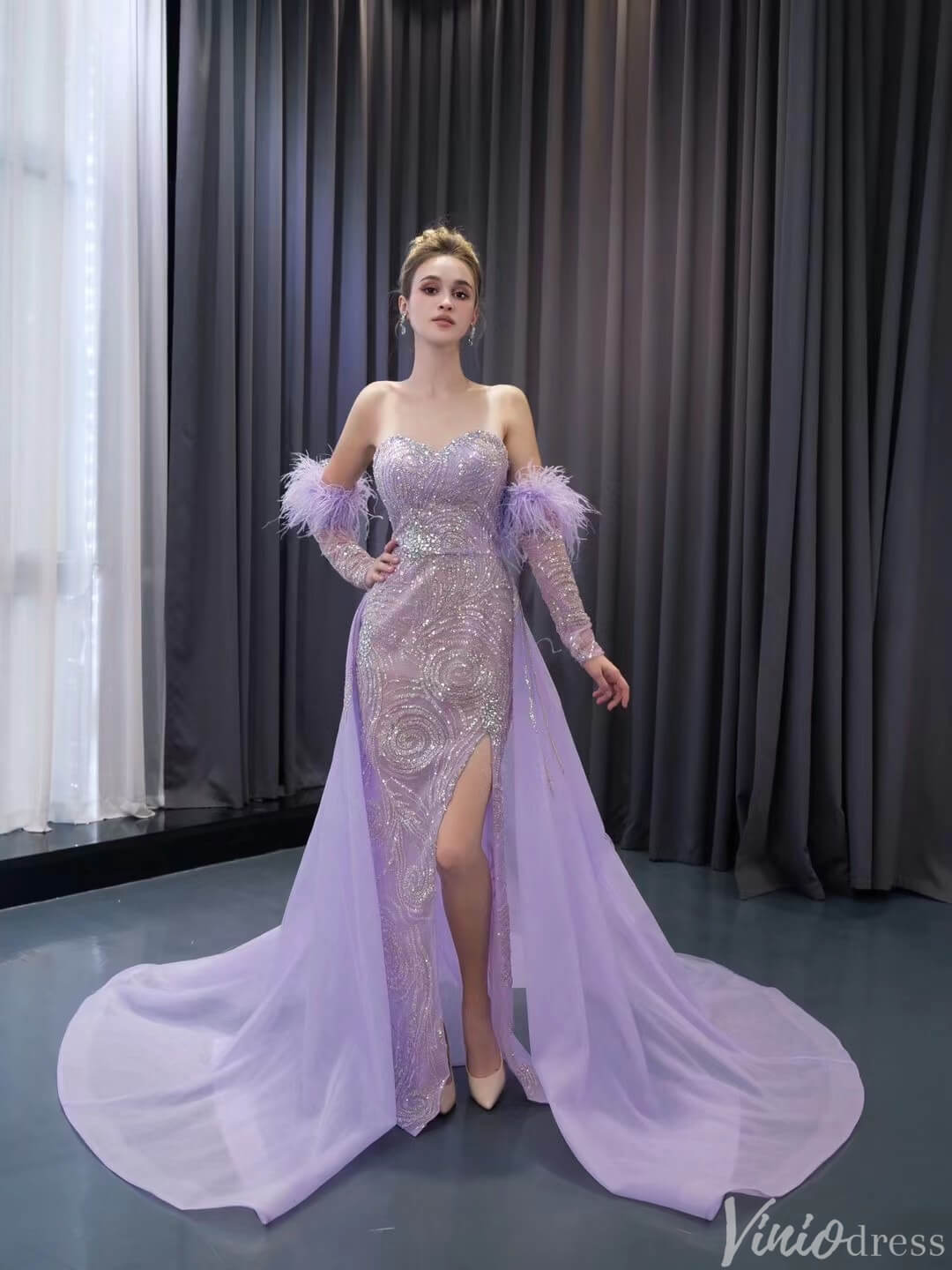 Beaded Lavender Prom Dresses Overskirt Wedding Dress with Slit,Removable Long Sleeves 241100-Prom Dresses-Viniodress-Viniodress