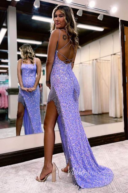 Beaded Lavender Sheath Prom Dresses Spaghetti Strap Lace-up Back Evening Dress FD3522-prom dresses 2025 -Viniodress-Lavender-Custom Size-