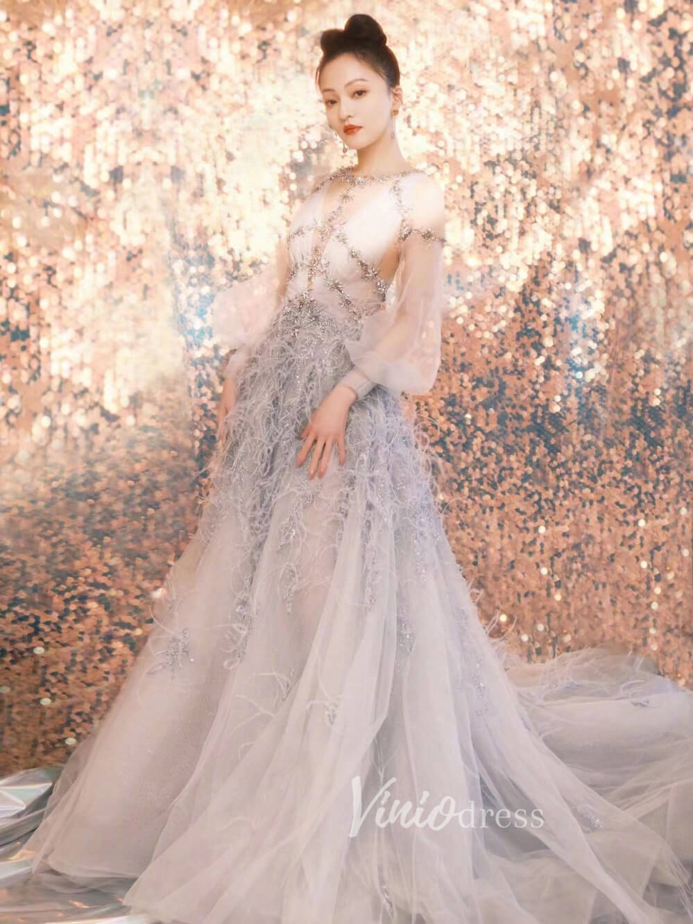 Beaded Light Blue Feather Prom Dresses Long Puff Sleeve Evening Dress Viniodress Beaded Light Blue Feather Prom Dresses Long Puff Sleeve Evening Dress Viniodress