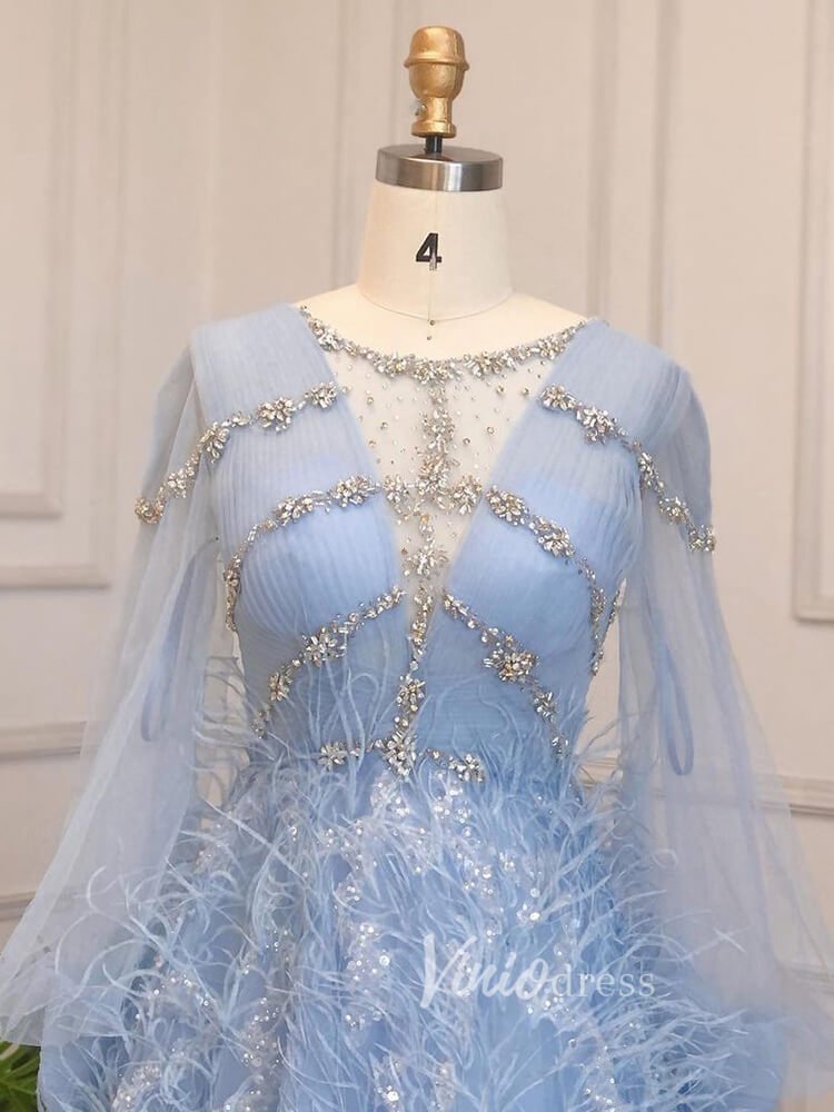Beaded Light Blue Feather Prom Dresses Long Puff Sleeve Evening Dress Viniodress Beaded Light Blue Feather Prom Dresses Long Puff Sleeve Evening Dress Viniodress