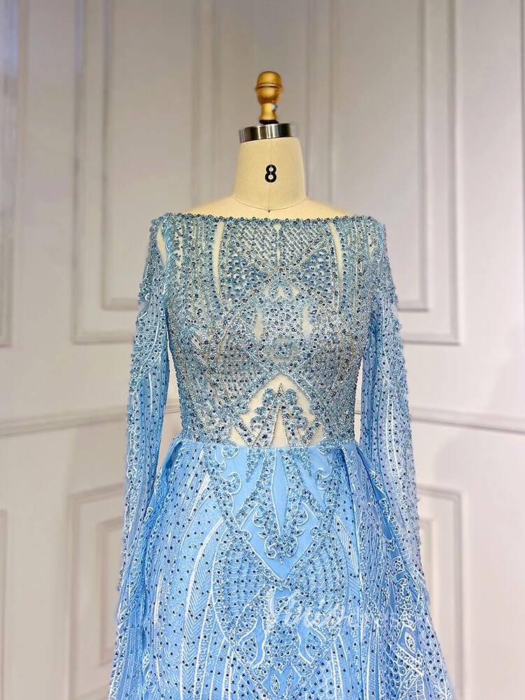 Beaded Light Blue Lace Evening Dress Long Sleeve Prom Dresses 20025-Evening Dresses 2025 -Viniodress-Light Blue-US 2-