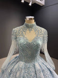 Prom Dress 2025 Beaded Light Blue Quince Dress High Neck Ball Gown with Sleeves viniodress-unique Quinceanera Dresses-Light Blue-Custom Size-Viniodress