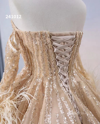 Beaded Light Gold Ball Gown Wedding Dresses with Removable Long Feather Sleeves 241012-Quinceanera Dresses 2025 -Viniodress-Gold-US 2-