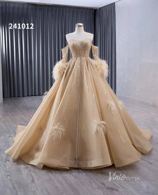 Beaded Light Gold Ball Gown Wedding Dresses with Removable Long Feather Sleeves 241012-Quinceanera Dresses 2025 -Viniodress-Gold-US 2-