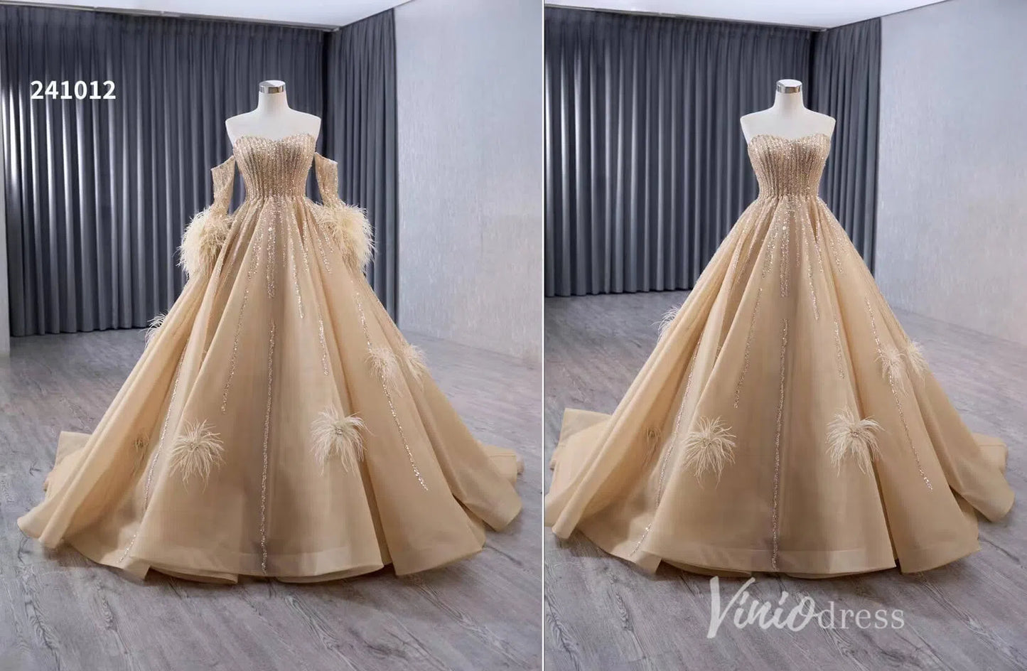 Beaded Light Gold Ball Gown Wedding Dresses with Removable Long Feather Sleeves 241012-Quinceanera Dresses-Viniodress-Viniodress