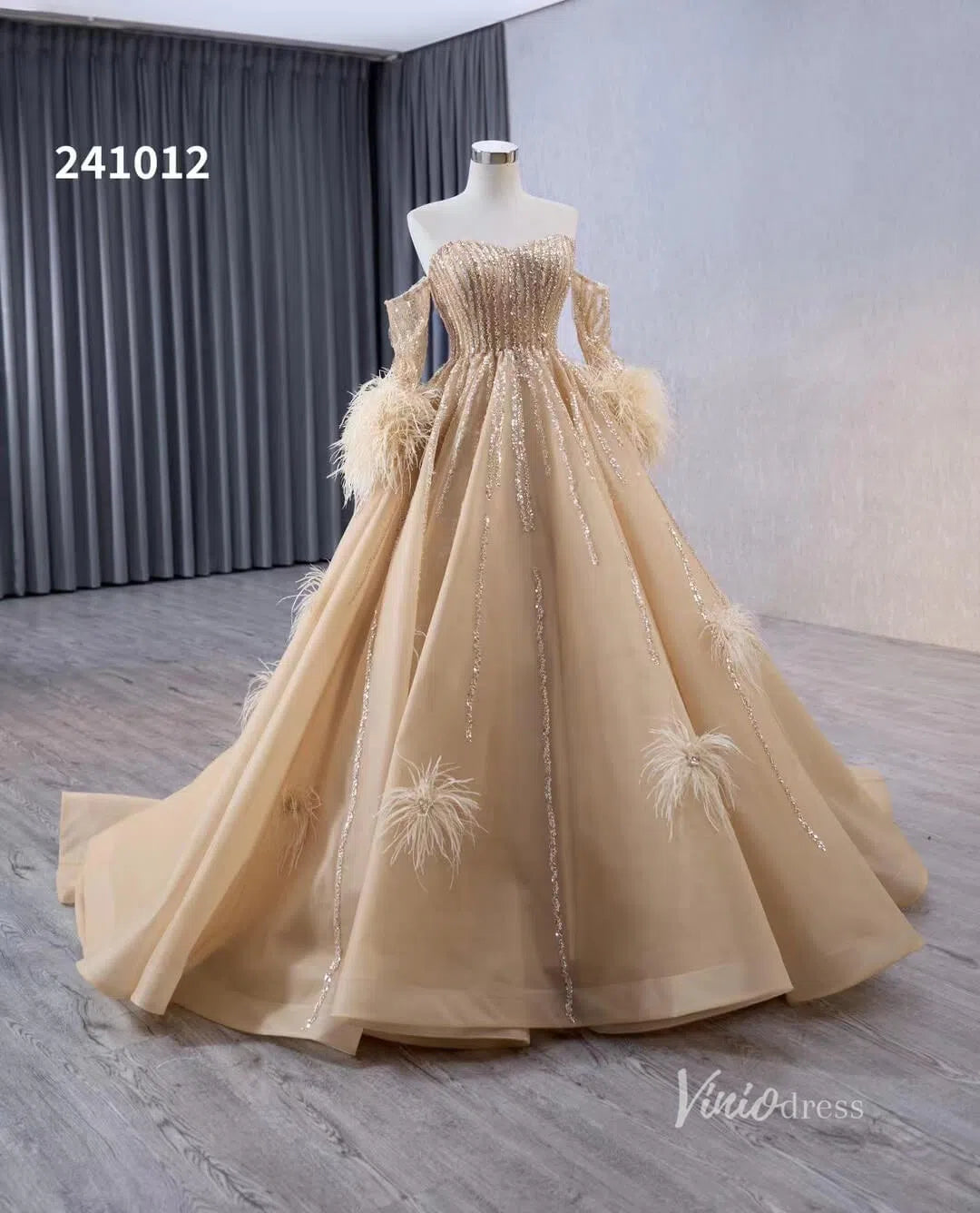 Beaded Light Gold Ball Gown Wedding Dresses with Removable Long Feather Sleeves 241012-Quinceanera Dresses-Viniodress-Viniodress