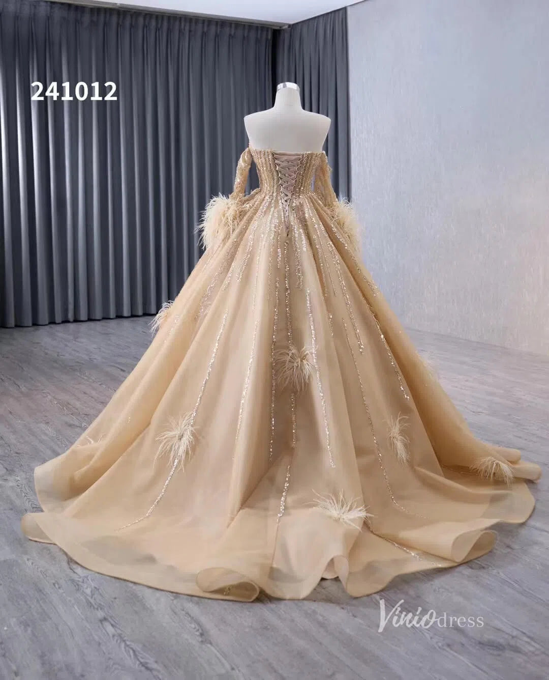 Beaded Light Gold Ball Gown Wedding Dresses with Removable Long Feather Sleeves 241012-Quinceanera Dresses-Viniodress-Viniodress