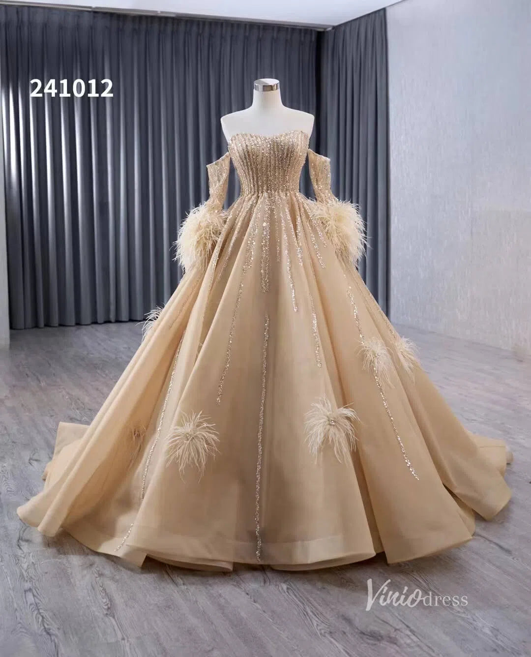 Beaded Light Gold Ball Gown Wedding Dresses with Removable Long Feather Sleeves 241012-Quinceanera Dresses-Viniodress-Gold-US 2-Viniodress