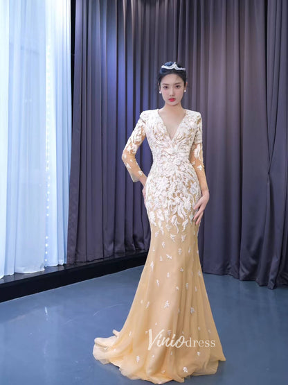 Beaded Light Gold Long Sleeve Wedding Dresses Removable Overskirt 67562-wedding dresses 2025 -Viniodress-Gold-Custom Size-