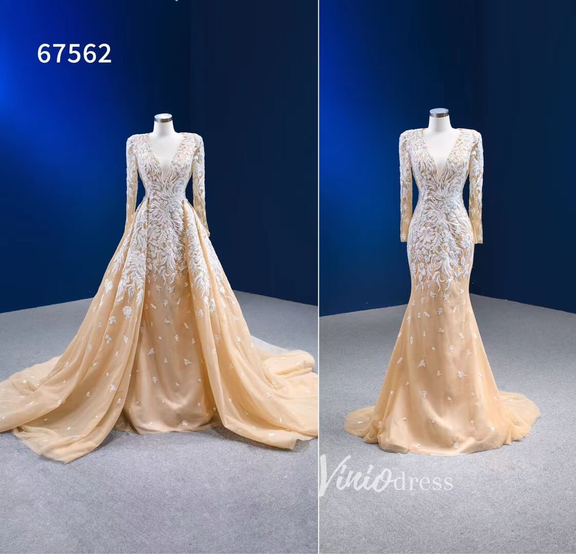 Beaded Light Gold Long Sleeve Wedding Dresses Removable Overskirt 67562-wedding dresses 2025 -Viniodress-Gold-Custom Size-