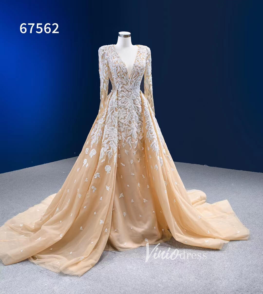 Beaded Light Gold Long Sleeve Wedding Dresses Removable Overskirt 67562-wedding dresses 2025 -Viniodress-Gold-Custom Size-