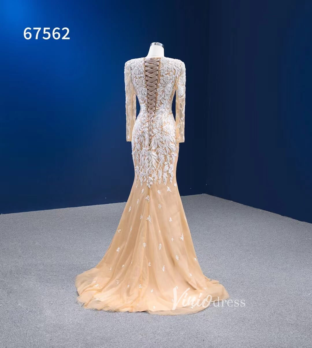 Beaded Light Gold Long Sleeve Wedding Dresses Removable Overskirt 67562-wedding dresses 2025 -Viniodress-Gold-Custom Size-