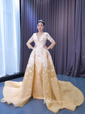 Beaded Light Gold Long Sleeve Wedding Dresses Removable Overskirt 67562