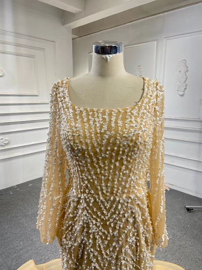 Beaded Light Gold Mermaid Wedding Dress Long Sleeve 67211 viniodress-wedding dresses 2025 -Viniodress-Champagne-Custom Size-