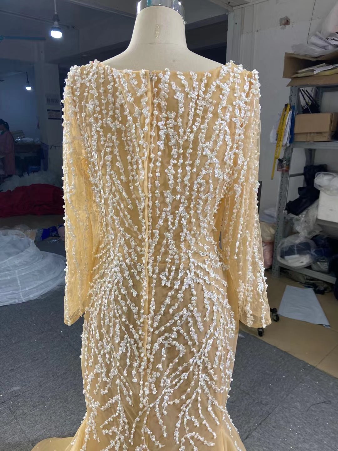 Beaded Light Gold Mermaid Wedding Dress Long Sleeve 67211 viniodress-wedding dresses 2025 -Viniodress-Champagne-Custom Size-