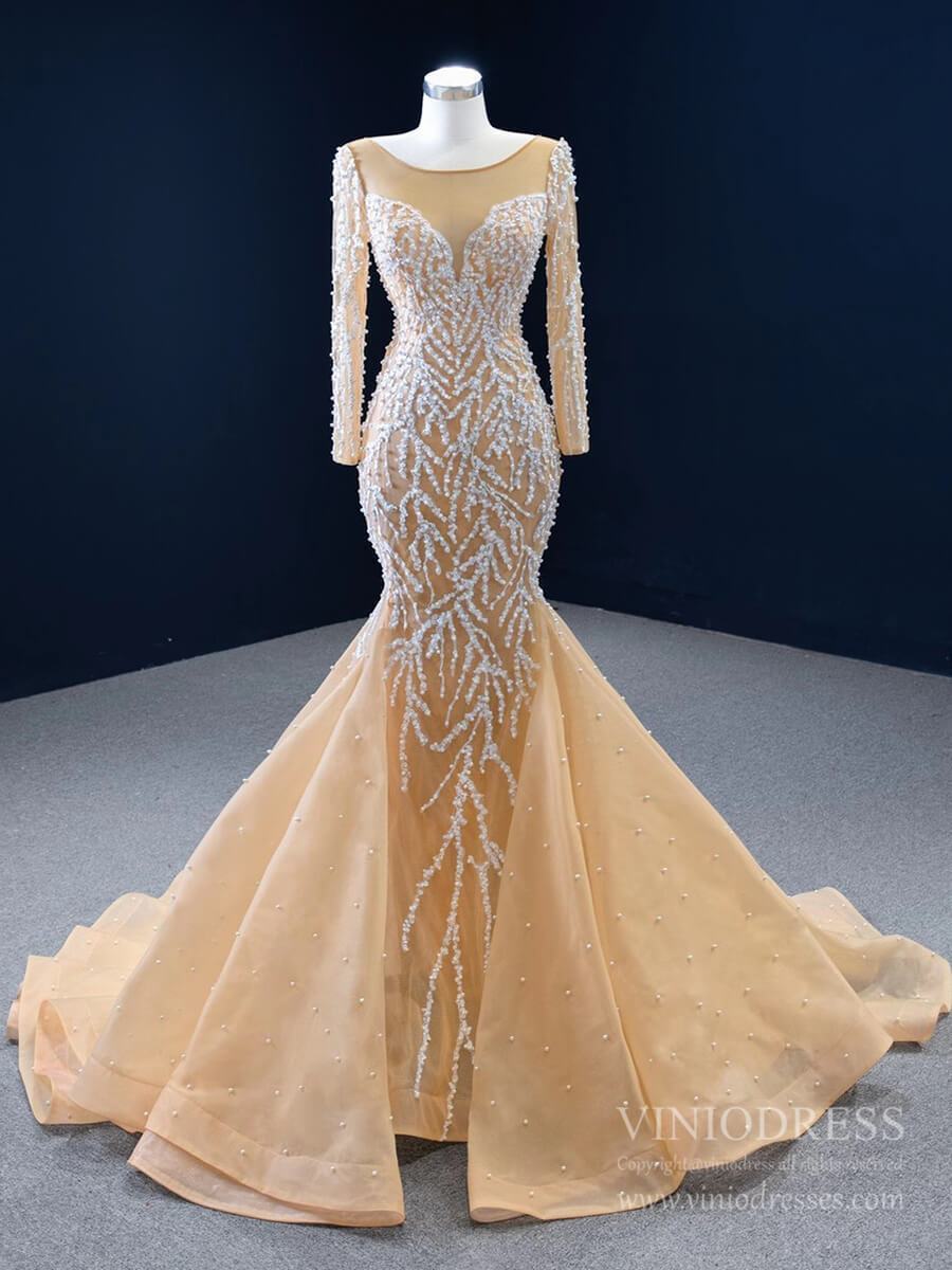 Beaded Light Gold Mermaid Wedding Dress Long Sleeve 67211 viniodress-wedding dresses 2025 -Viniodress-Champagne-Custom Size-