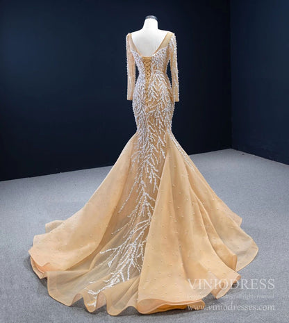 Beaded Light Gold Mermaid Wedding Dress Long Sleeve 67211 viniodress-wedding dresses 2025 -Viniodress-Champagne-Custom Size-