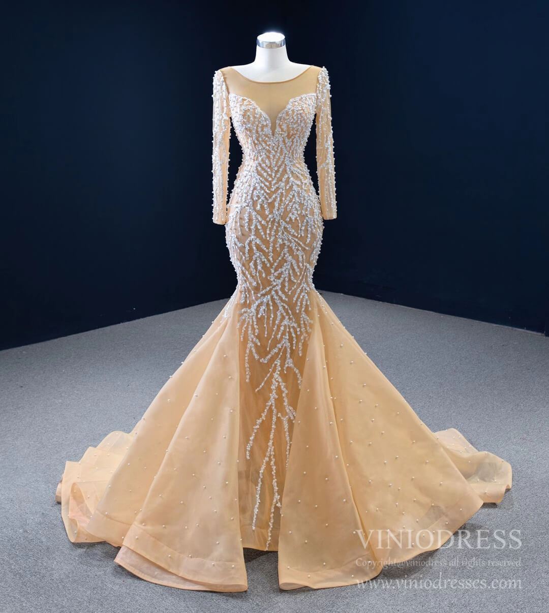 Beaded Light Gold Mermaid Wedding Dress Long Sleeve 67211 viniodress-wedding dresses 2025 -Viniodress-Champagne-Custom Size-
