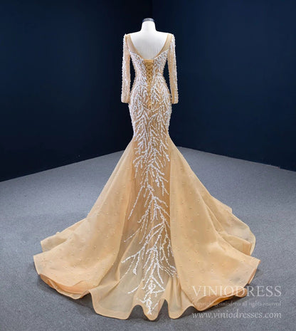 Beaded Light Gold Mermaid Wedding Dress Long Sleeve 67211 viniodress-wedding dresses 2025 -Viniodress-Champagne-Custom Size-