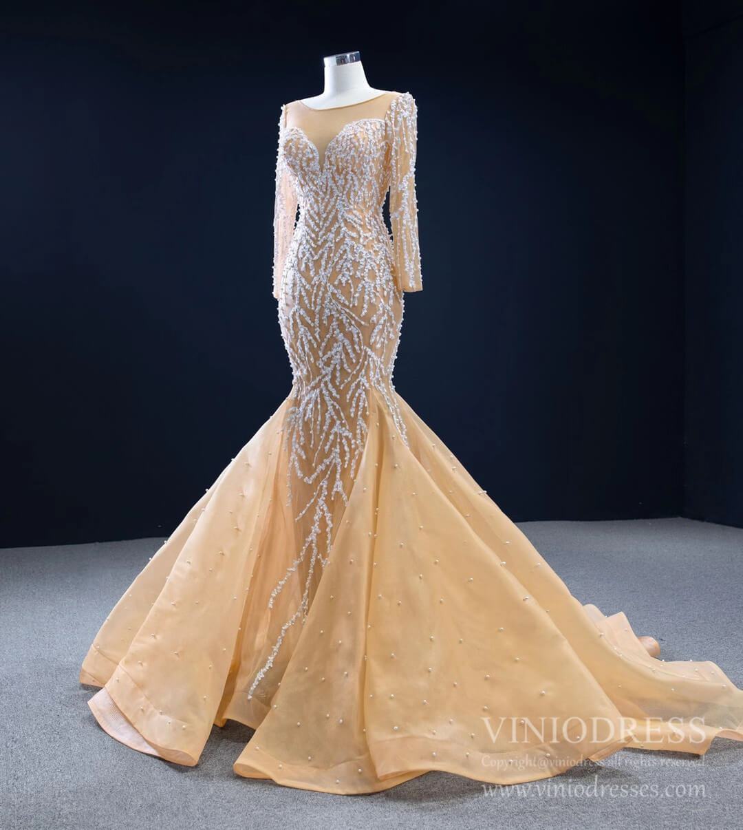 Beaded Light Gold Mermaid Wedding Dress Long Sleeve 67211 viniodress-wedding dresses 2025 -Viniodress-Champagne-Custom Size-
