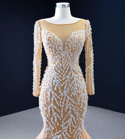 Beaded Light Gold Mermaid Wedding Dress Long Sleeve 67211 viniodress-wedding dresses 2025 -Viniodress-Champagne-Custom Size-