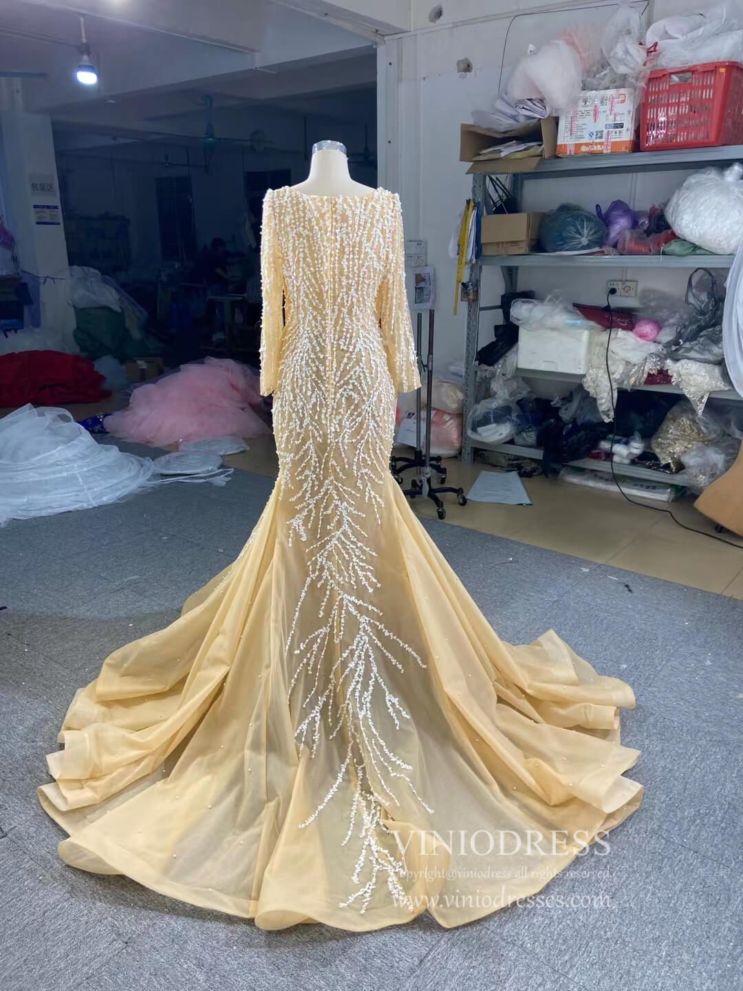 Prom Dress 2025 Beaded Light Gold Mermaid Wedding Dress Long Sleeve 67211 viniodress-unique wedding dresses-Champagne-Custom Size-Viniodress