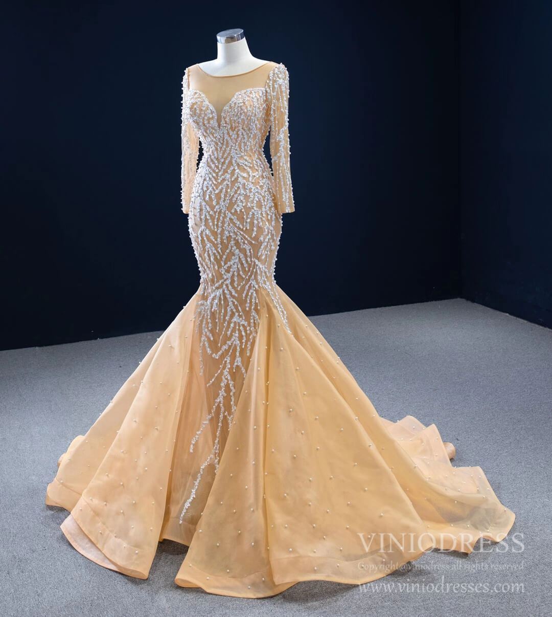 Prom Dress 2025 Beaded Light Gold Mermaid Wedding Dress Long Sleeve 67211 viniodress-unique wedding dresses-Champagne-Custom Size-Viniodress