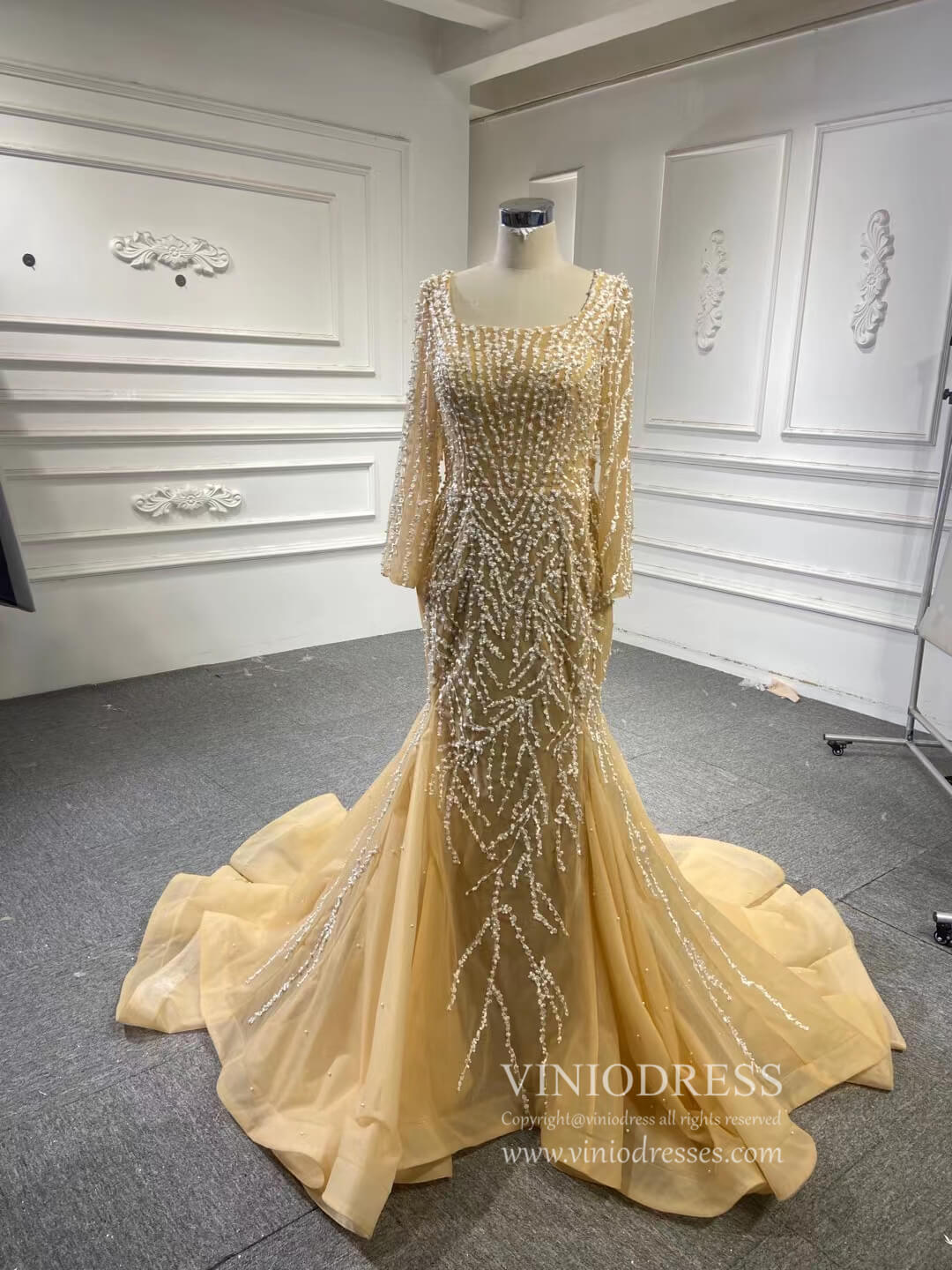 Prom Dress 2025 Beaded Light Gold Mermaid Wedding Dress Long Sleeve 67211 viniodress-unique wedding dresses-Champagne-Custom Size-Viniodress