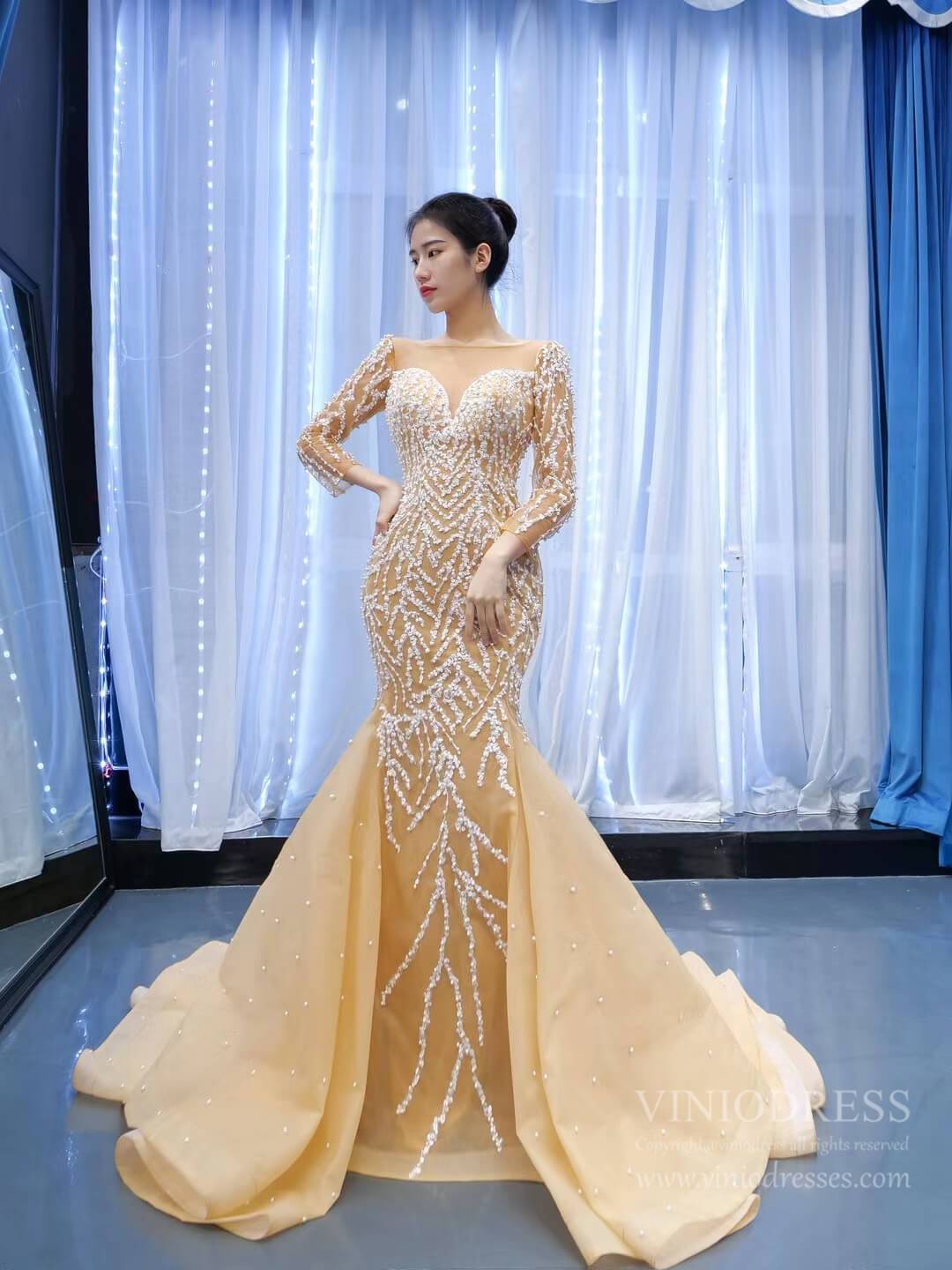 Prom Dress 2025 Beaded Light Gold Mermaid Wedding Dress Long Sleeve 67211 viniodress-unique wedding dresses-Champagne-Custom Size-Viniodress