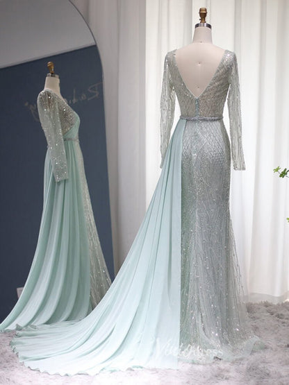 Beaded Light Green Sheath Prom Dresses Long Sleeve Overskirt Evening Dress 20086-Evening Dresses 2025 -Viniodress-Light Green-US 2-