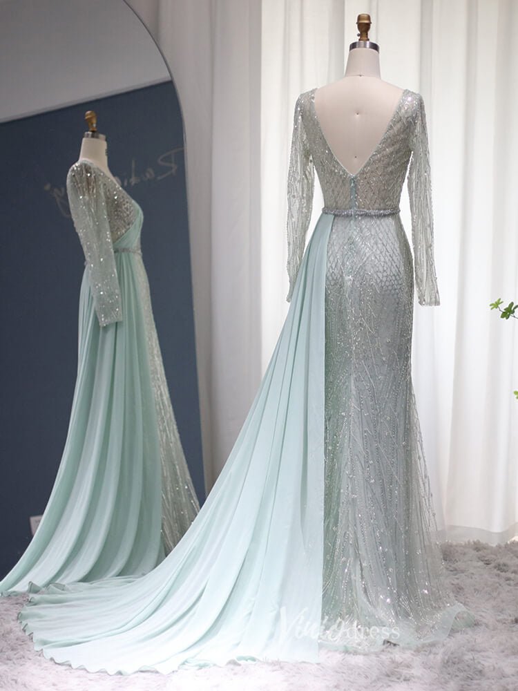 Beaded Light Green Sheath Prom Dresses Long Sleeve Overskirt Evening Dress 20086 - ViniodressEvening DressesLight GreenUS 2 - Formal Dresses - Ball Gowns