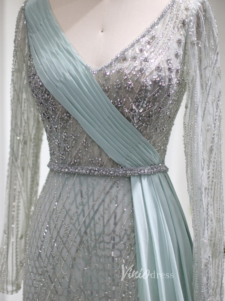 Beaded Light Green Sheath Prom Dresses Long Sleeve Overskirt Evening Dress 20086 - ViniodressEvening DressesLight GreenUS 2 - Formal Dresses - Ball Gowns